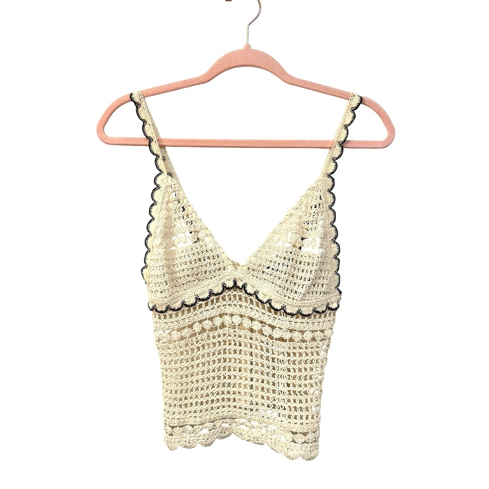 Forever 21 Cream Crochet Scalloped Camisole Crop Top XS V-Neck Back Zip 90s